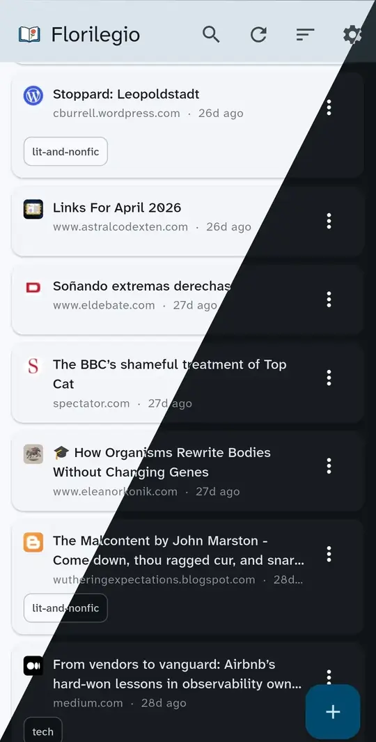 The florilegio Android client showing a list of saved articles
